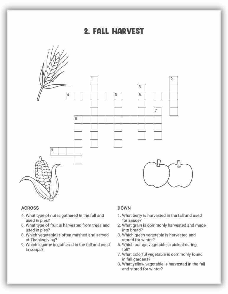 Fall Harvest Crossword Puzzle Printable — fun fall-themed puzzle for kids.