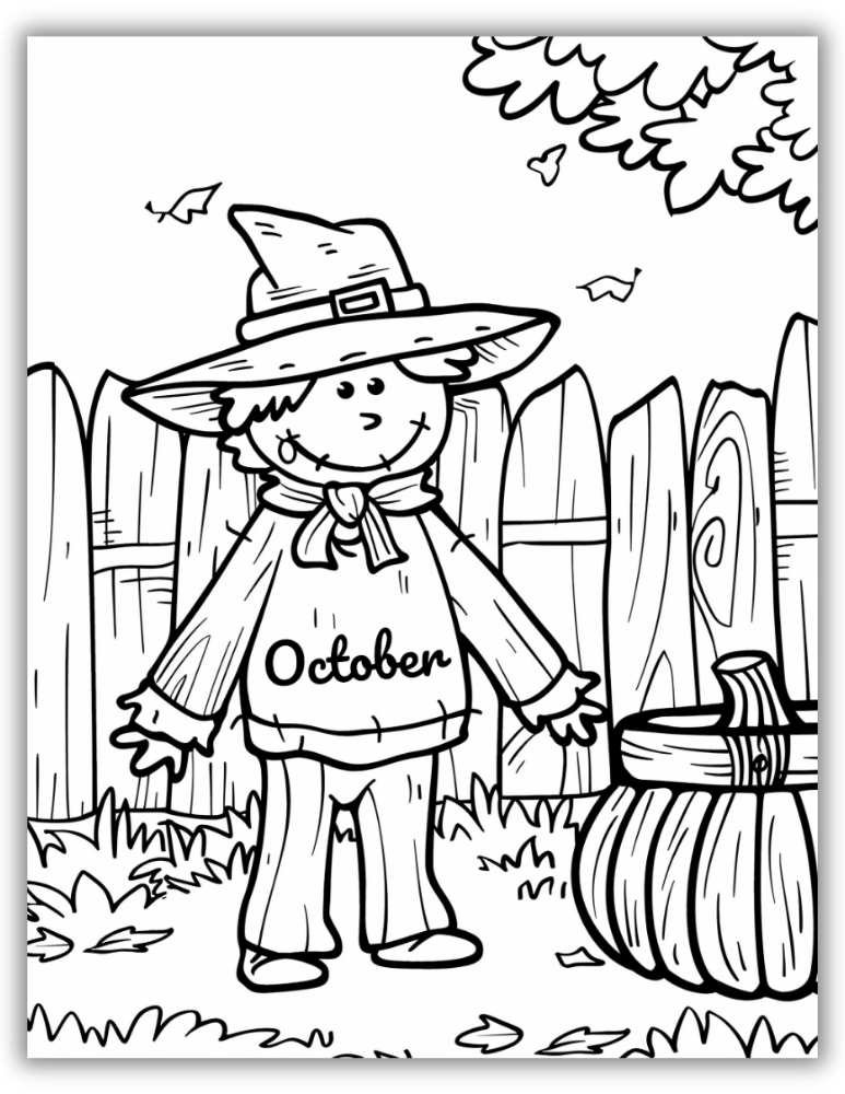 Friendly scarecrow near a fence with pumpkins and autumn leaves – free printable PDF fall coloring page for kids.