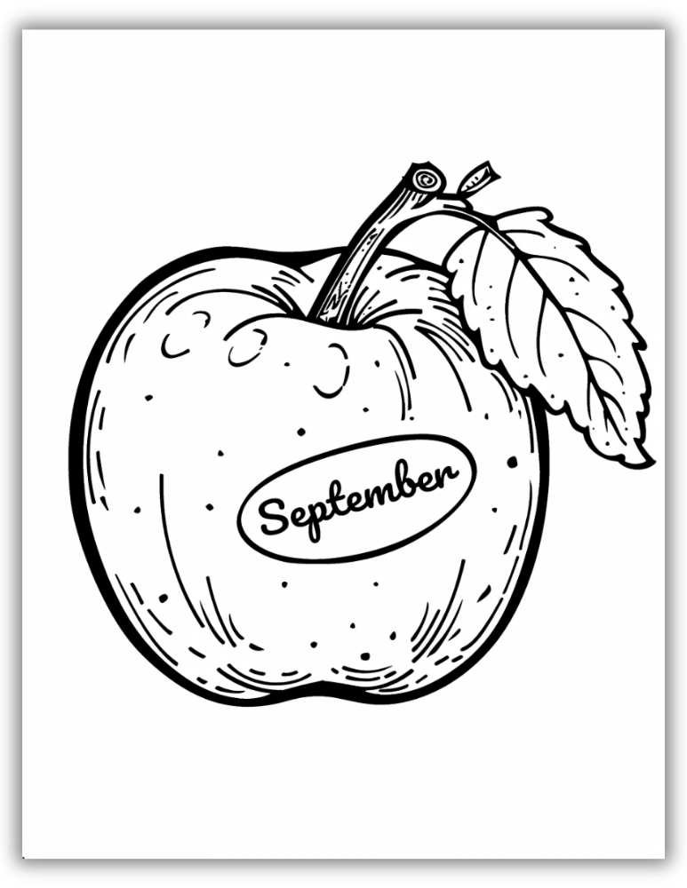 September coloring page with a large apple illustration and September text, perfect for fall and school themes