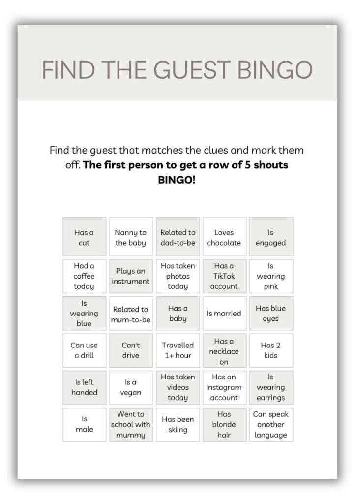 Neutral baby shower Find the Guest Bingo card with 25 interactive guest prompts and bingo rules.