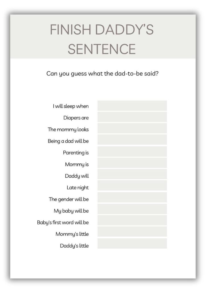 Finish Daddy’s Sentence printable baby shower game in neutral gray pastel minimalist design