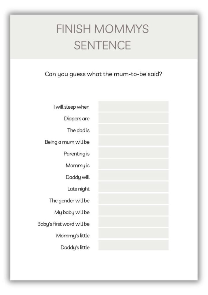 Finish Mommy’s Sentence baby shower printable game with fill-in-the-blank prompts in neutral gray minimalist design.