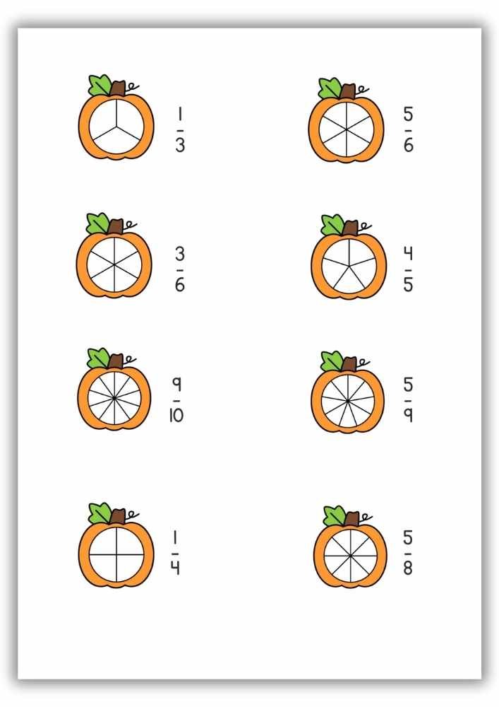 Free Halloween worksheet shading fractions on pumpkins for kids math practice Part 2