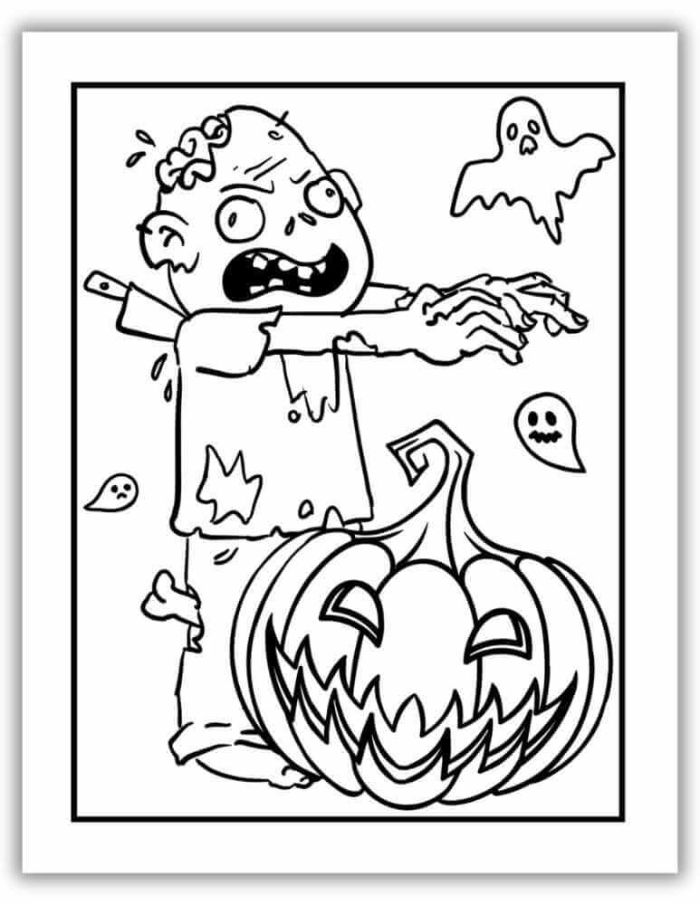 Halloween printable coloring page with zombie pumpkin and spooky eyes.