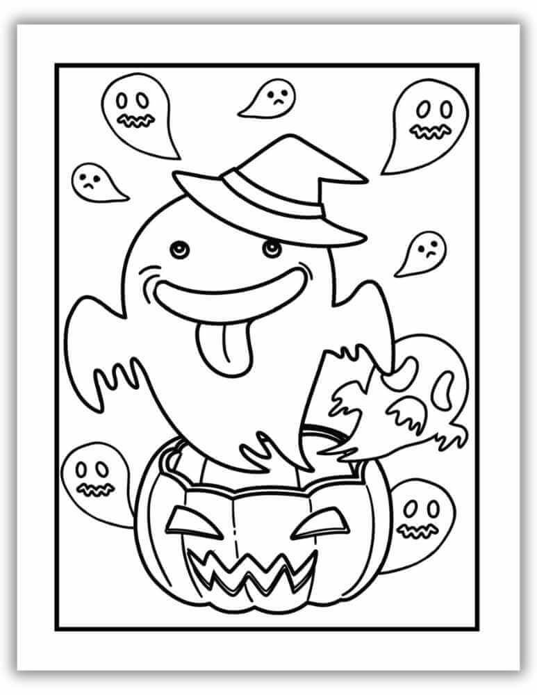 Free Halloween printable with ghost and jack-o’-lantern – perfect for coloring fun.