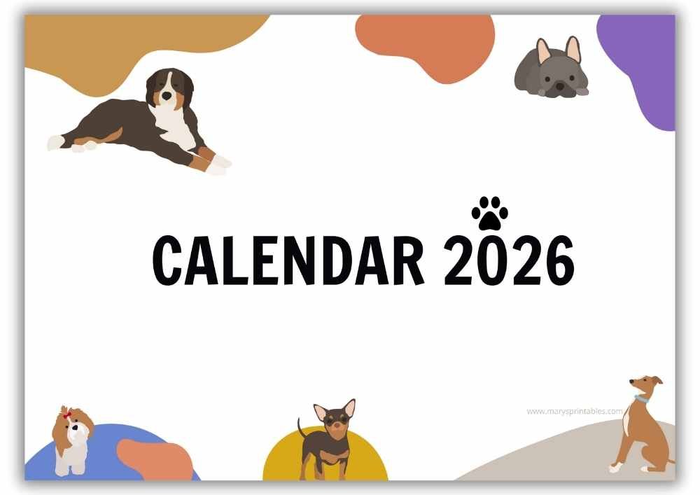 2026 monthly calendar cover with playful dog-themed illustrations in landscape layout