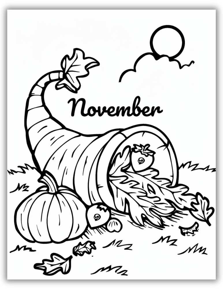 Detailed harvest scene with pumpkins, corn, and a full cornucopia – free printable PDF coloring page for fall and Thanksgiving.