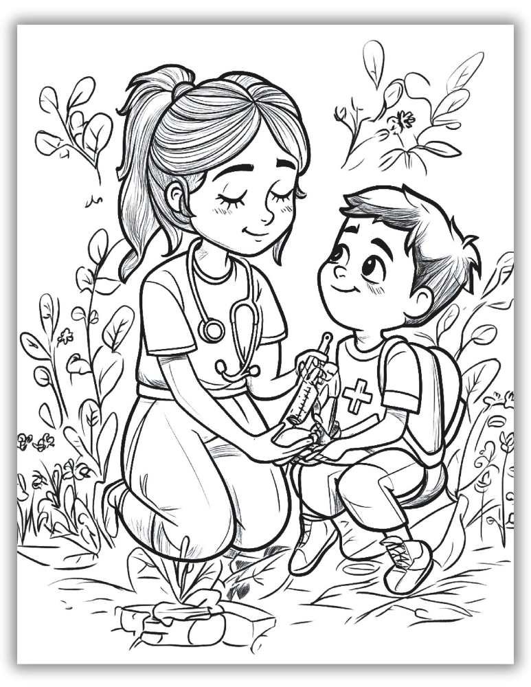 Kind nurse helping a young student in a school uniform – free printable PDF coloring page for career day or community helpers theme.