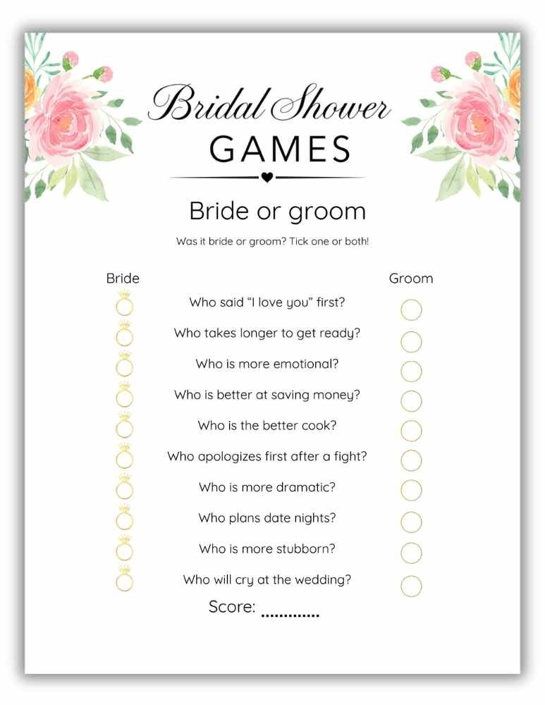 Bride or groom bridal shower printable game with soft pink floral design where guests guess answers.