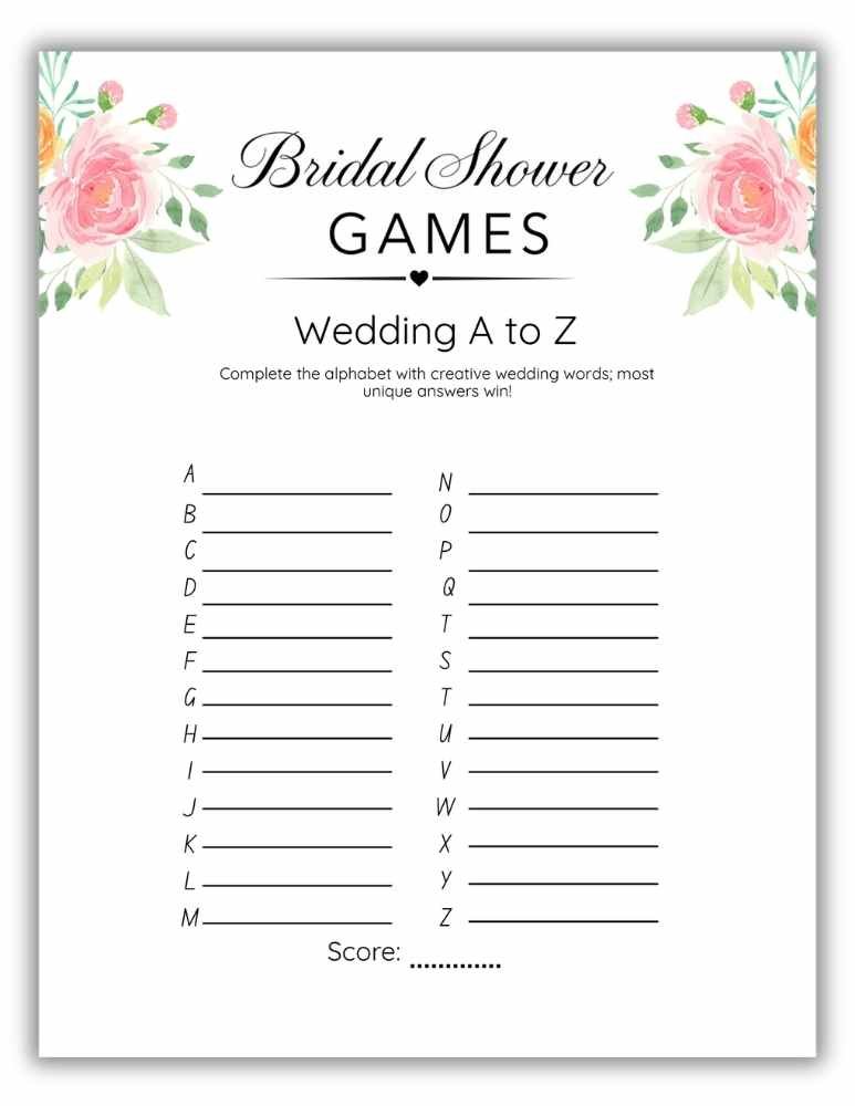 Wedding A to Z printable bridal shower word challenge with soft pink floral design.