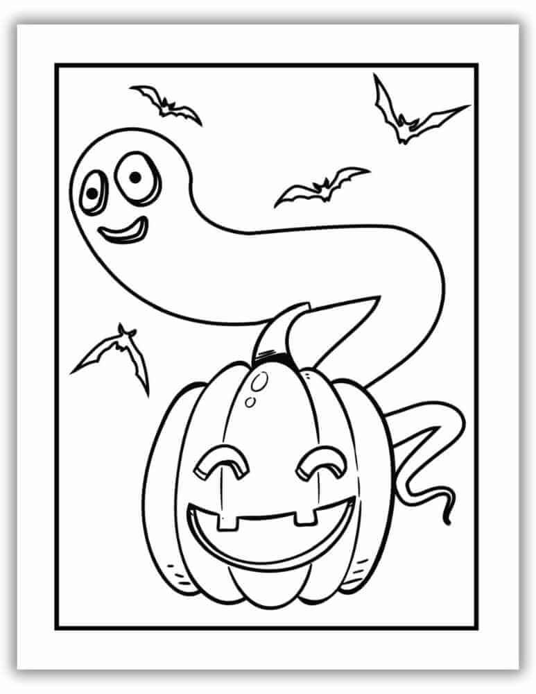Halloween ghost and pumpkin coloring page – free to print and color at home.