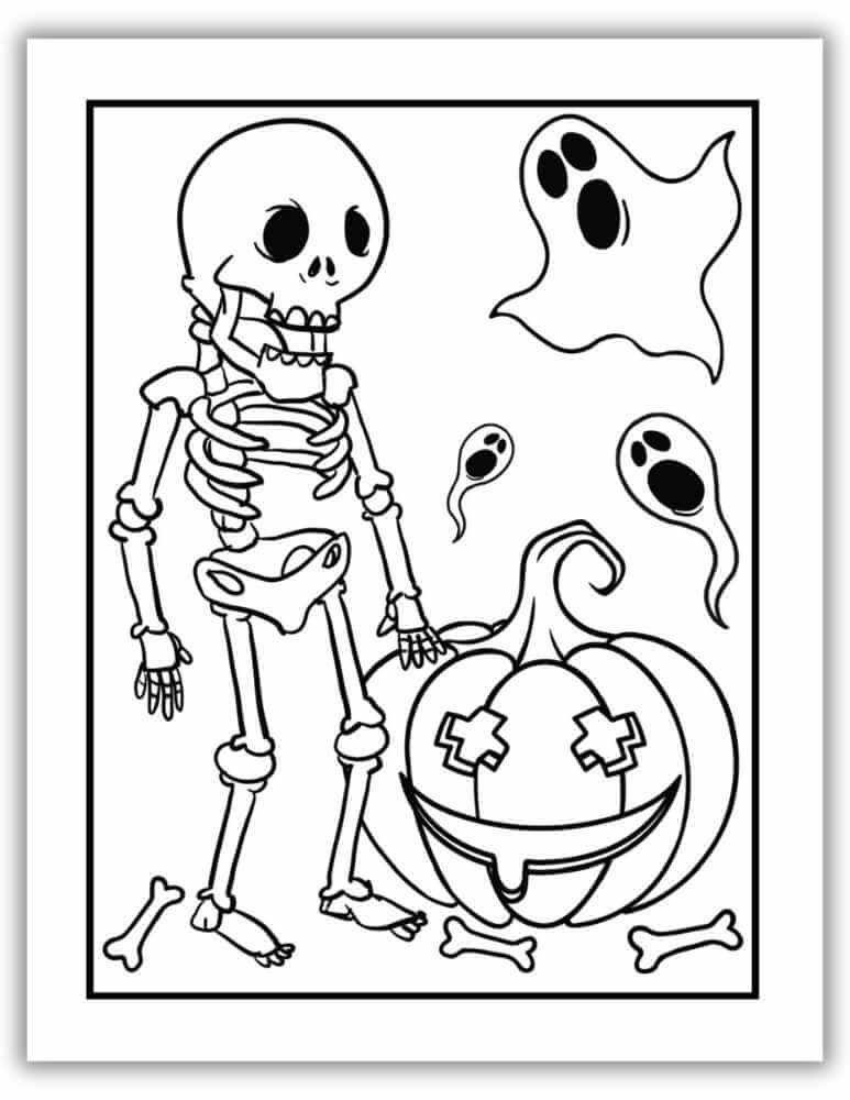 Skeletons, pumpkins, and ghosts in this fun printable Halloween coloring page.