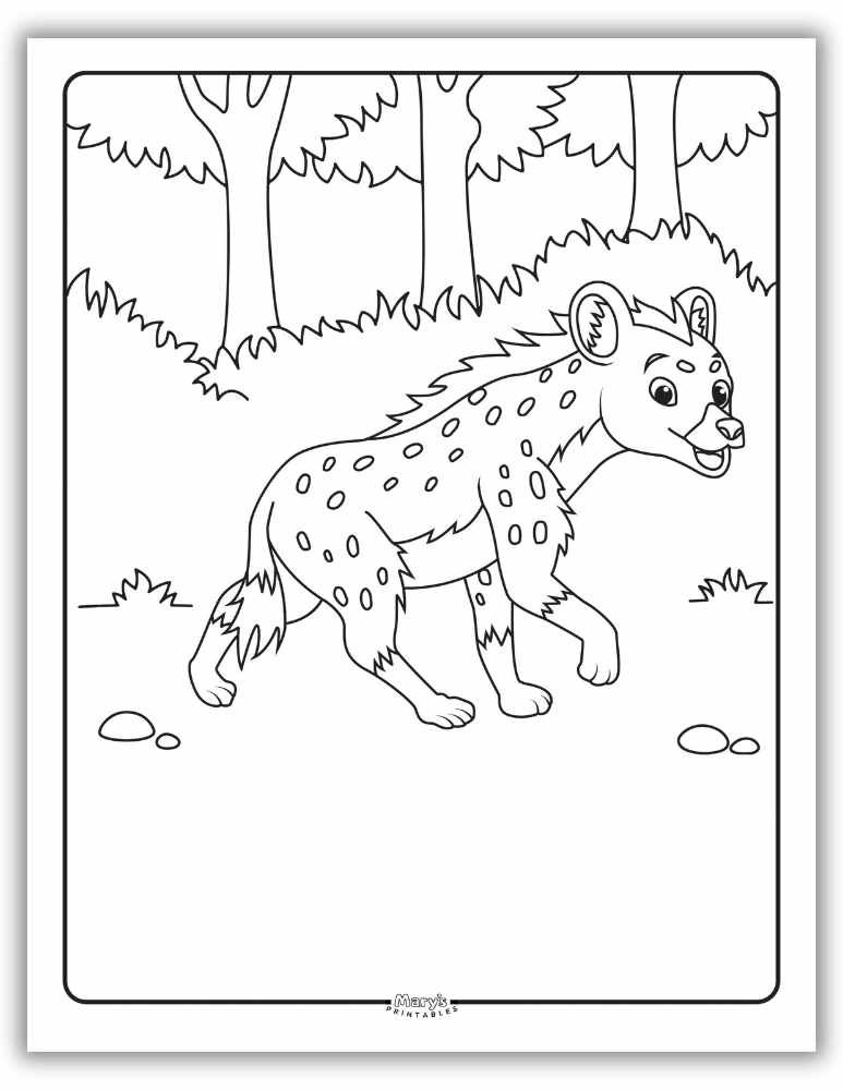 Free printable hyena coloring page for kids featuring a cute and simple cartoon hyena. Perfect for preschool and elementary school children learning about wild animals.