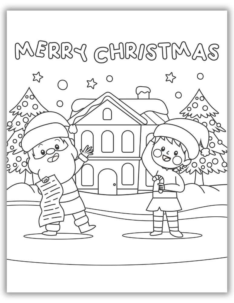 Winter Holiday Coloring Sheet - Merry Christmas - with Santa and Elf