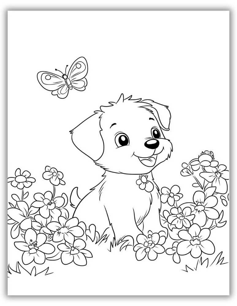 Spring Coloring Page with Cute Pup Free Download