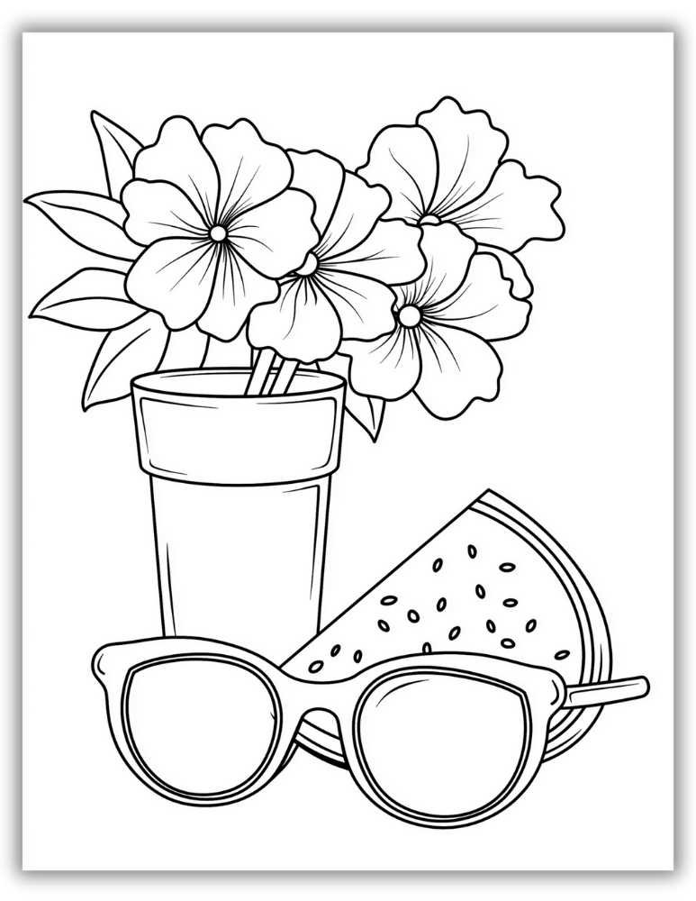 Summer coloring page with potted flowers, sunglasses, and a slice of watermelon in a relaxed summer still life scene