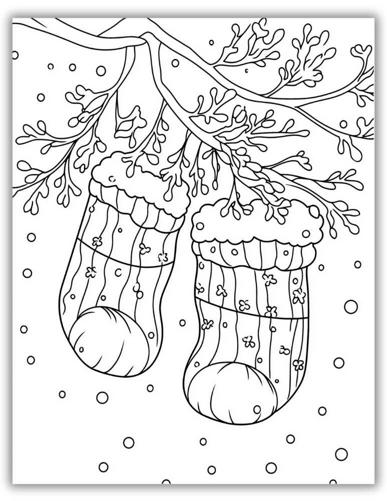 Winter coloring page of patterned mittens hanging from a tree branch in falling snow