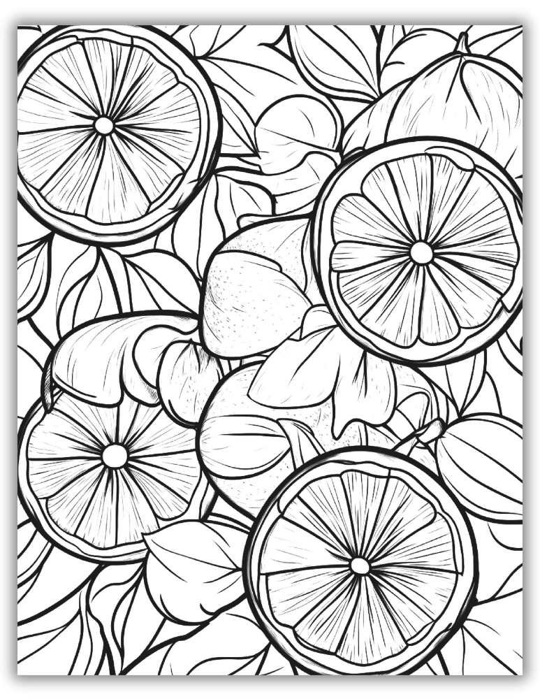 Intricate repeating pattern of whole oranges and orange slices – free printable PDF coloring page for teens and adults.