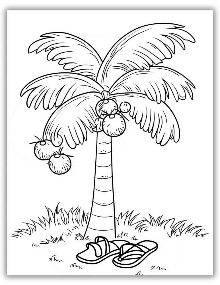 Summer coloring page featuring a palm tree with coconuts, grass, and flip-flops for a tropical beach theme