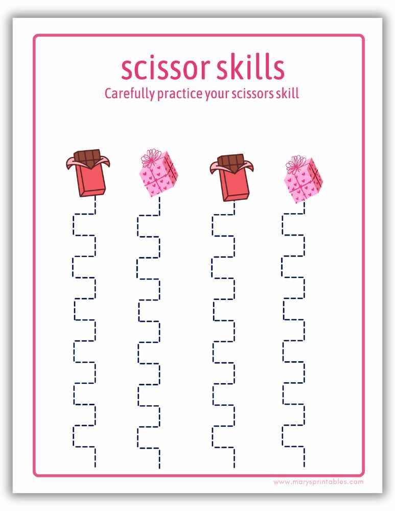 Kids Valentine printable scissor skills worksheet
