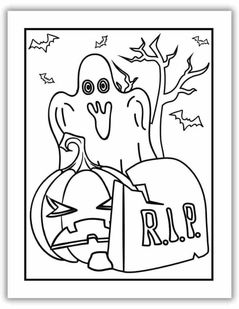 Free printable Halloween coloring sheet with ghost, pumpkin, and creepy cemetery.