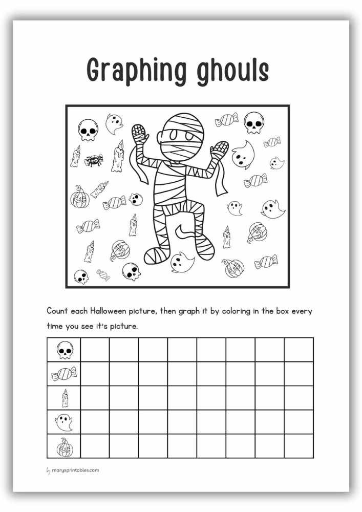 Halloween graphing activity for kids to count spooky pictures and color graph boxes.”