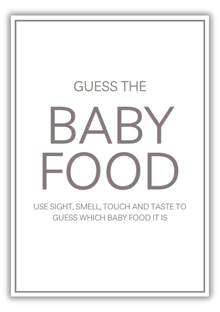 Guess the Baby Food baby shower game printable sign in neutral taupe and beige minimalist design.