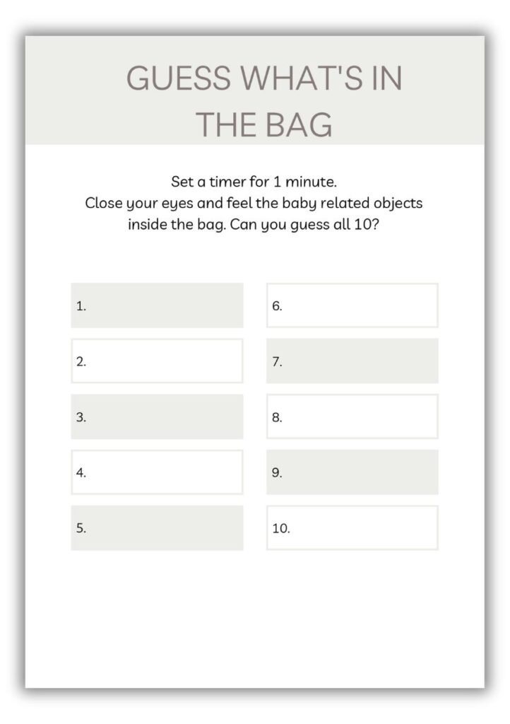 Guess what’s in the bag printable baby shower game with numbered
