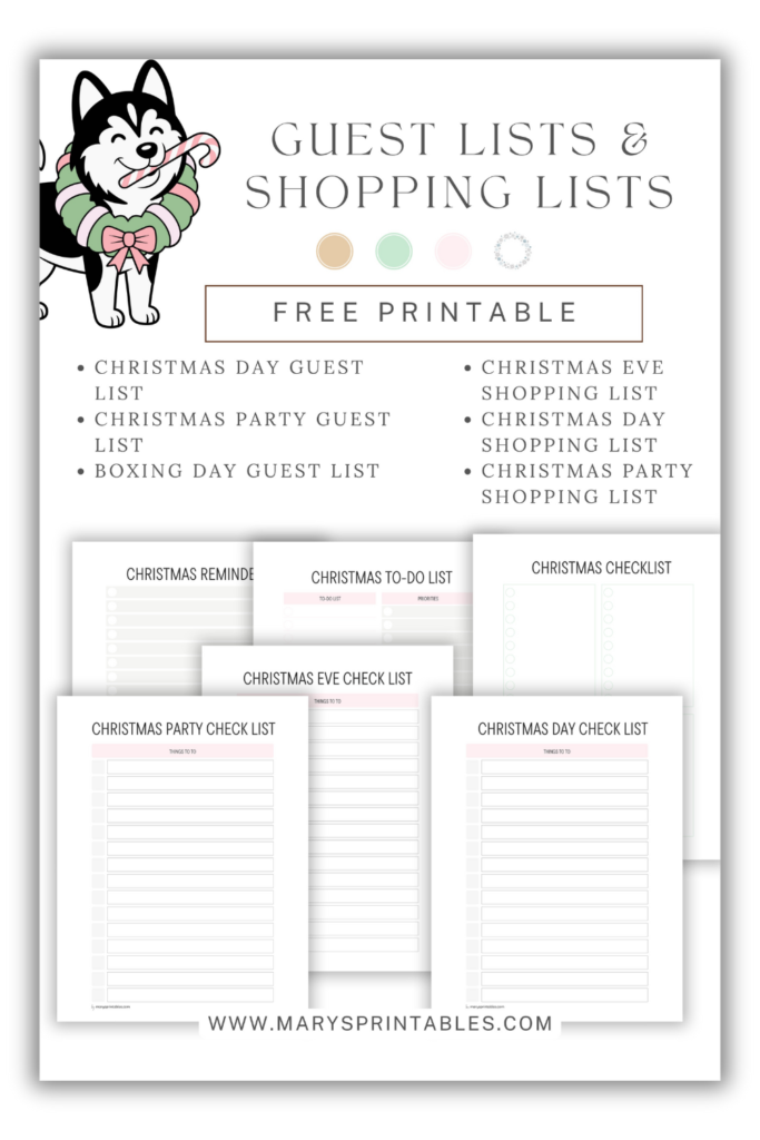 Christmas guest list and shopping list printables for holiday events and grocery planning