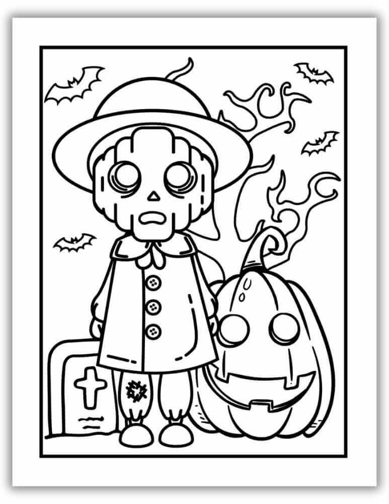 Printable Halloween coloring page with spooky pumpkins and graveyard scene.