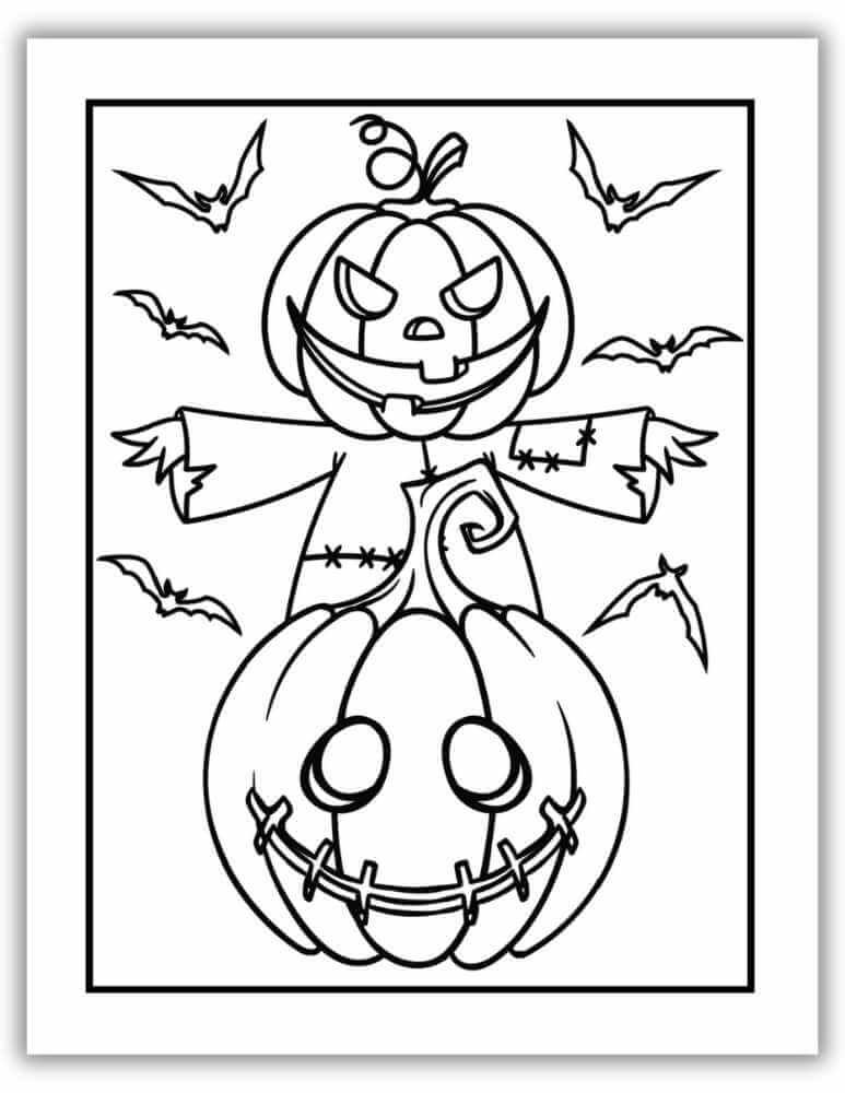 Halloween coloring page with scary pumpkins – free printable for kids and teens.