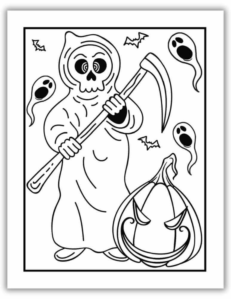 Printable Grim Reaper Halloween coloring page – free and spooky for older kids.