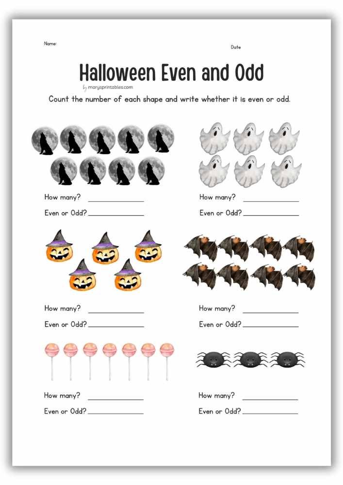 Free Halloween worksheet for kids to practice even and odd numbers with spooky shapes.
