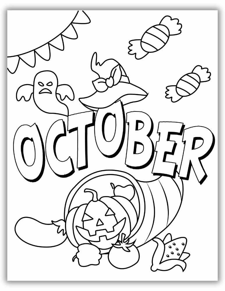 Cute ghosts, candy corn, and fun Halloween surprises – free printable PDF coloring page perfect for a playful October celebration.
