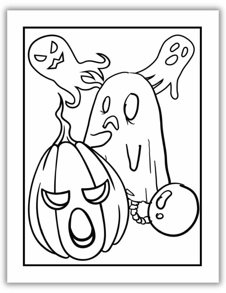 Free Halloween printable with ghost and jack-o’-lantern for festive coloring fun.
