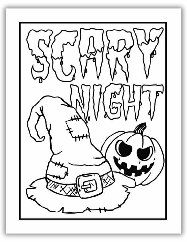 Scary Halloween night coloring sheet with witch hat and scary pumpkin