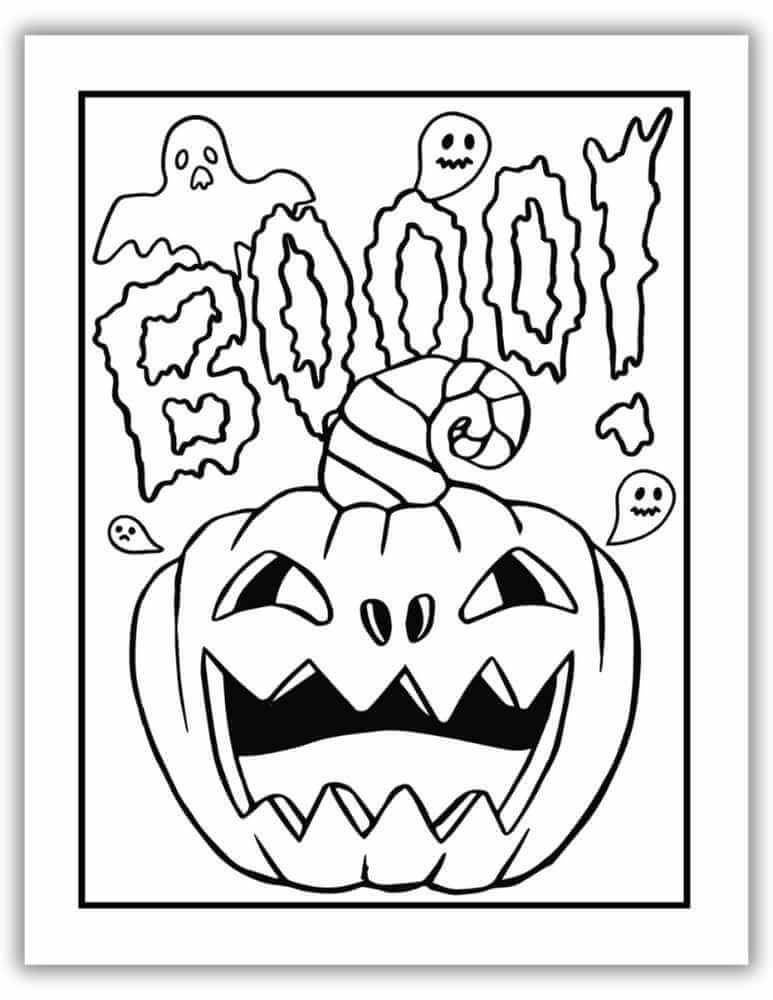 Fun Halloween coloring printable with ghost saying “Booo!” – perfect for kids.