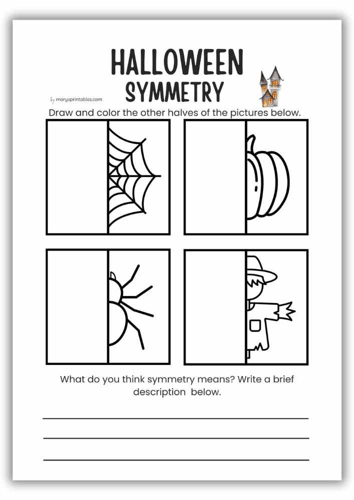 Halloween symmetry worksheet – draw and color the missing half.