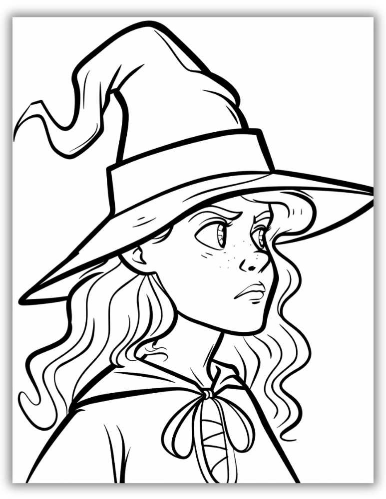 Halloween witch coloring sheet with cape and cute hat