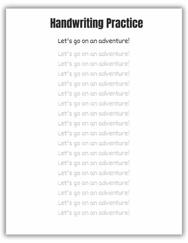 Sentence handwriting worksheet featuring “Let’s go on an adventure” for writing practice