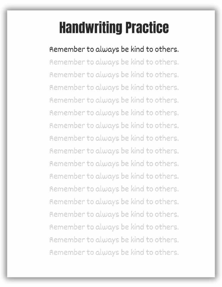 Handwriting practice worksheet with the sentence “Remember to always be kind to others” for tracing