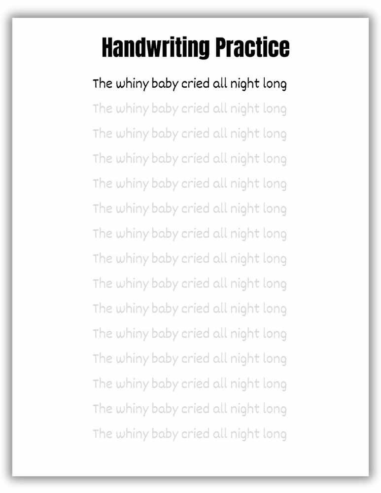 Handwriting practice worksheet with a simple sentence for writing practice