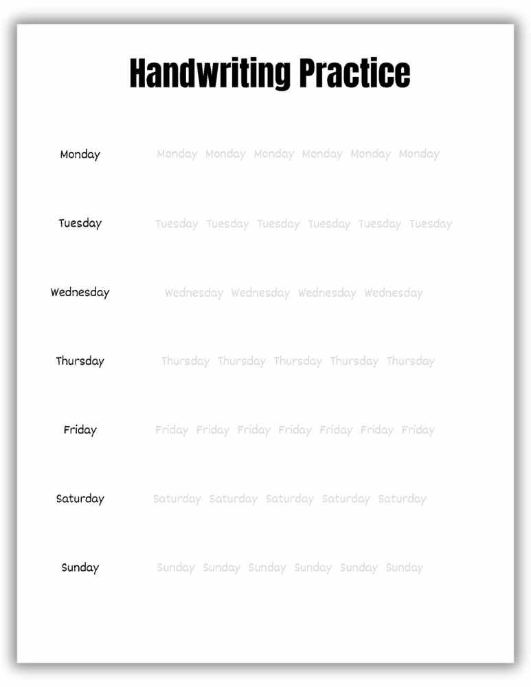 Handwriting worksheet for practicing the days of the week from Monday to Sunday