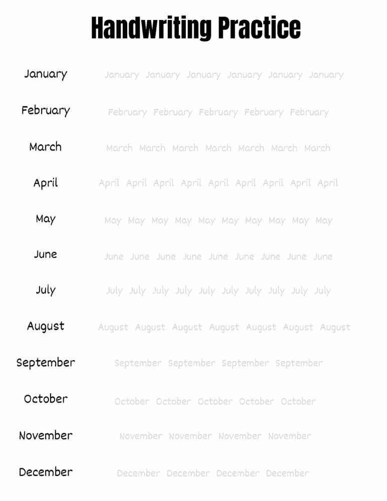 Handwriting practice worksheet with months of the year for tracing and writing