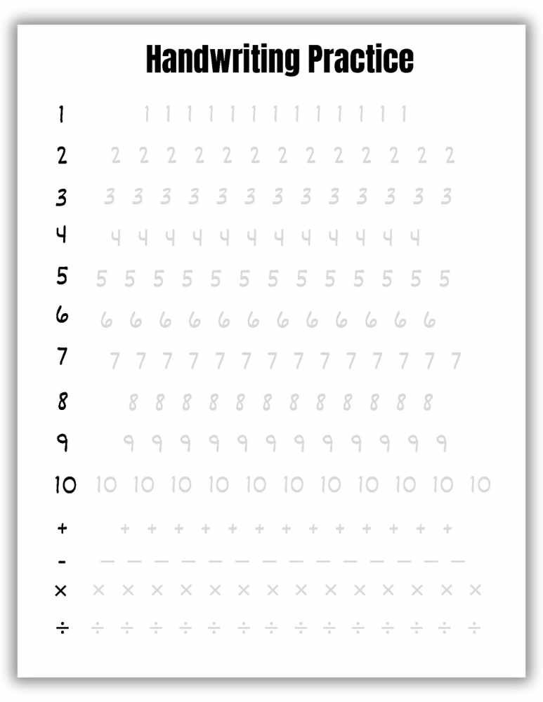 Handwriting worksheet for practicing numbers and basic math symbols