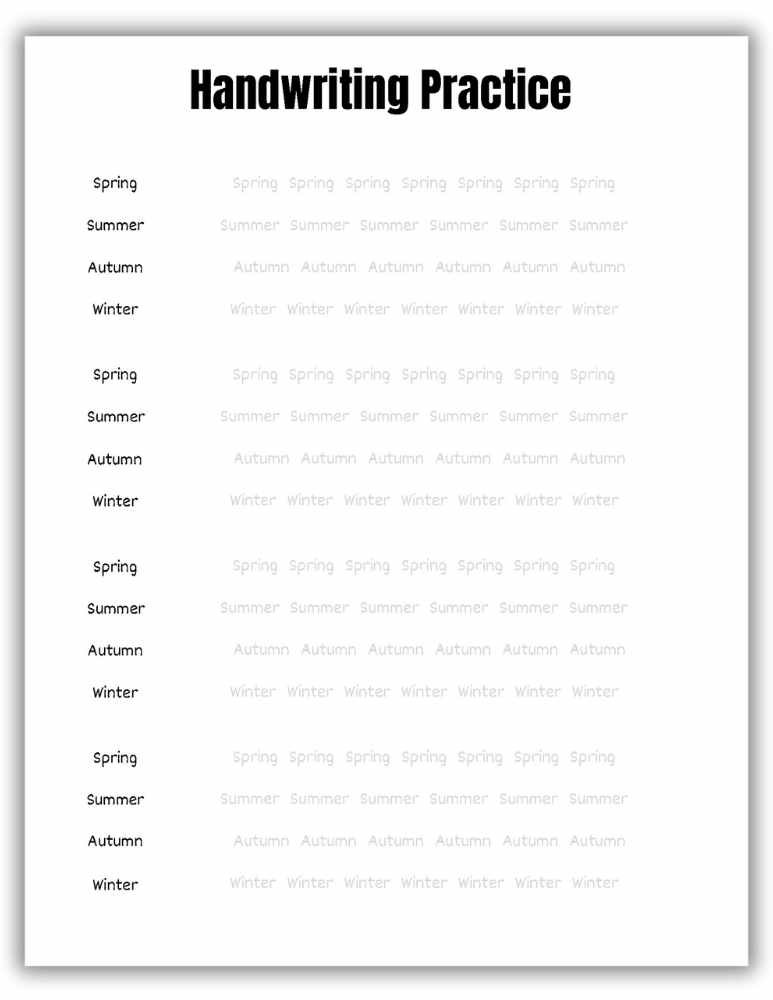 Handwriting worksheet for practicing season words including spring, summer, autumn, and winter
