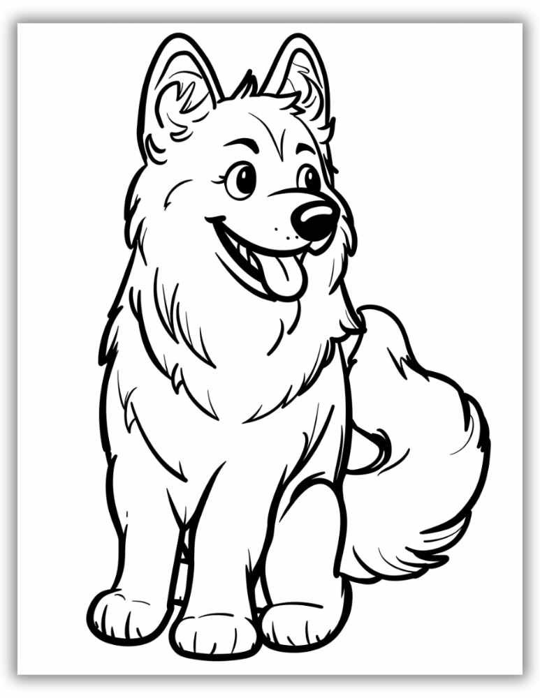 Happy cartoon husky sitting and smiling, with a fluffy tail and perky ears – black and white coloring page for kids.
