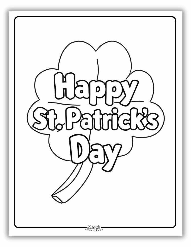 Large shamrock St. Patrick’s Day coloring page with holiday text