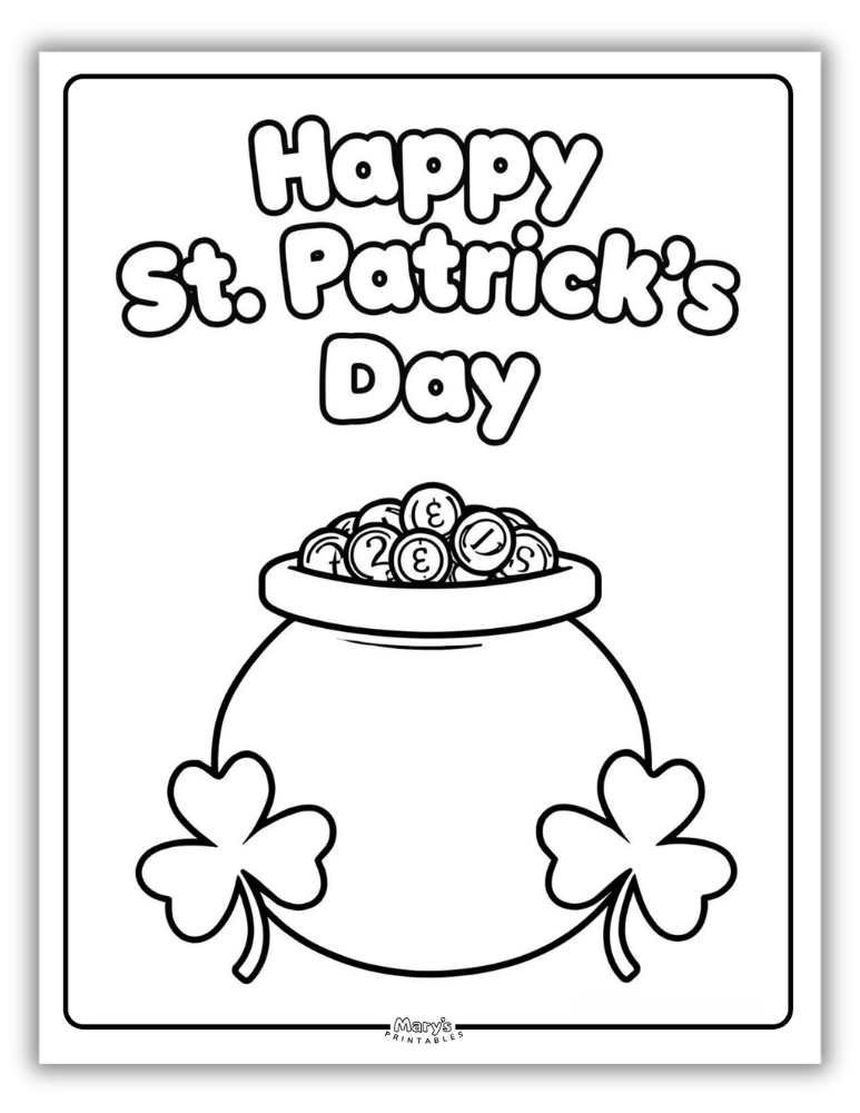 Pot of gold and shamrock St. Patrick’s Day coloring page printable