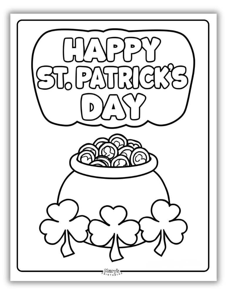 Happy St. Patrick’s Day coloring page with pot of gold design